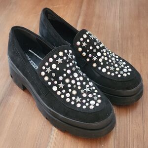 Steve Madden Black Suede Star Embellished Loafers Big Girls Size 4